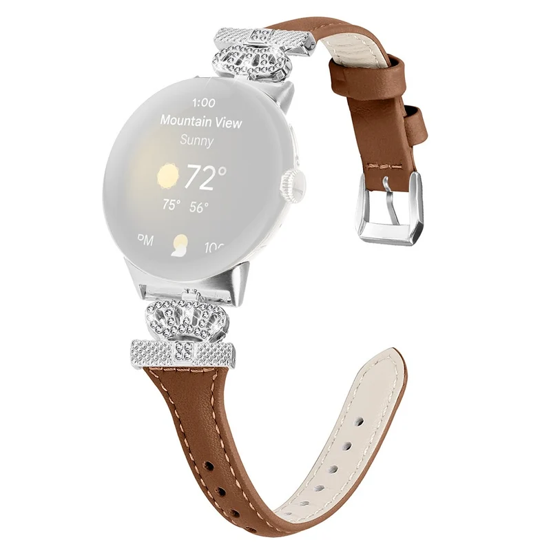 Google Pixel Watch / Watch 2 Silver Buckle Genuine Cowhide Leather Band Crown Watch Strap