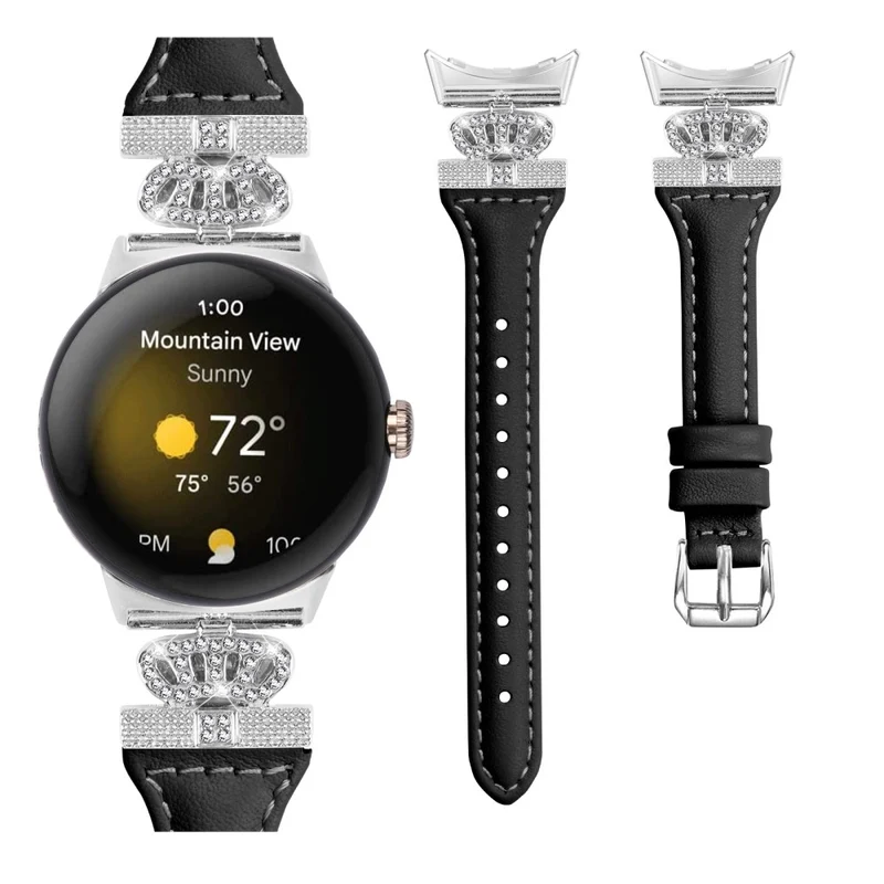 Google Pixel Watch / Watch 2 Silver Buckle Genuine Cowhide Leather Band Crown Watch Strap
