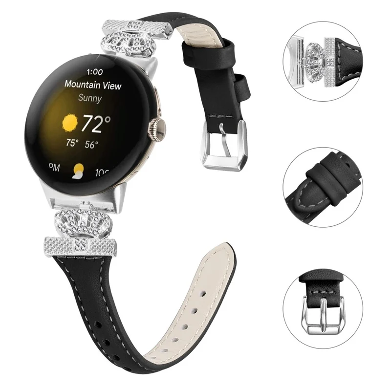 Google Pixel Watch / Watch 2 Silver Buckle Genuine Cowhide Leather Band Crown Watch Strap