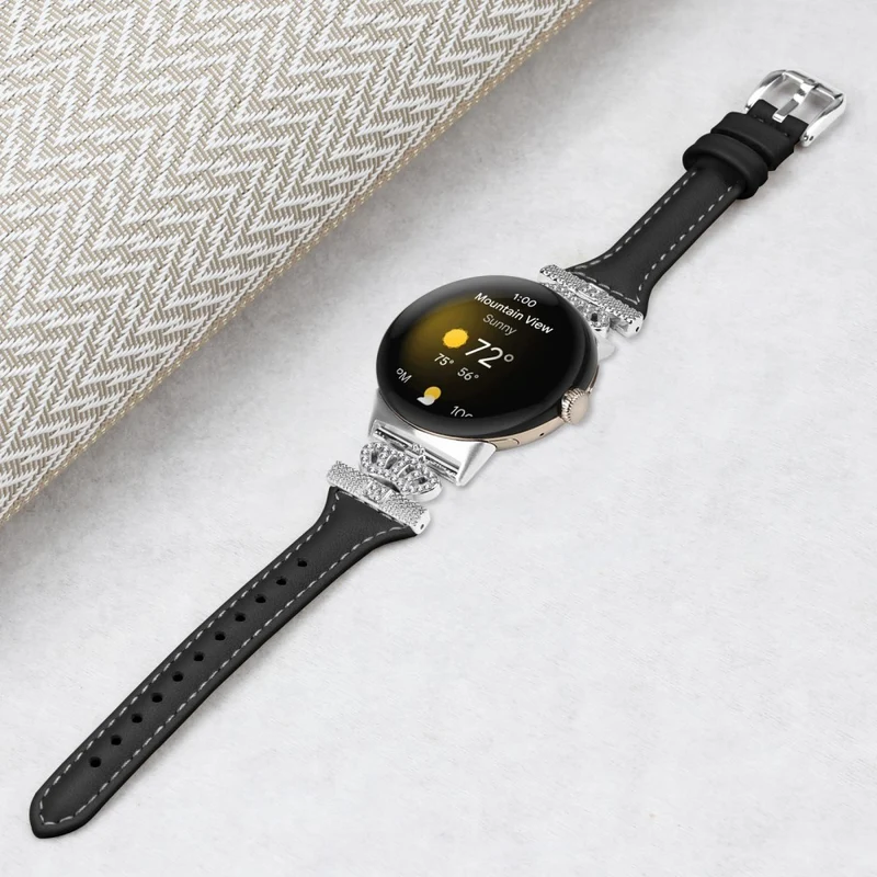 Google Pixel Watch / Watch 2 Silver Buckle Genuine Cowhide Leather Band Crown Watch Strap