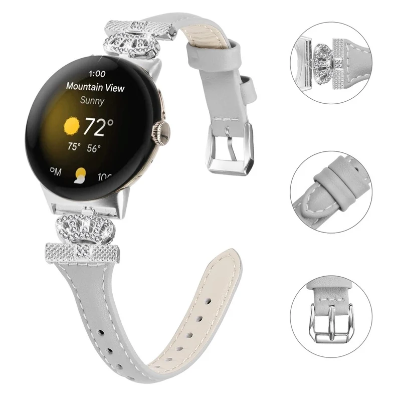 Google Pixel Watch / Watch 2 Silver Buckle Genuine Cowhide Leather Band Crown Watch Strap