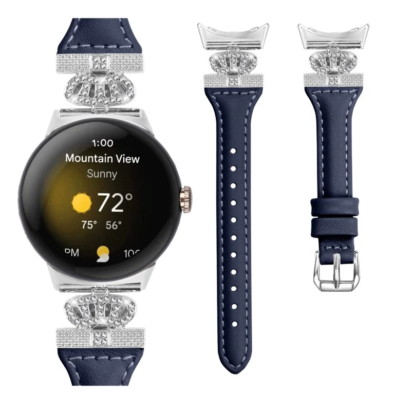 Google Pixel Watch / Watch 2 Silver Buckle Genuine Cowhide Leather Band Crown Watch Strap