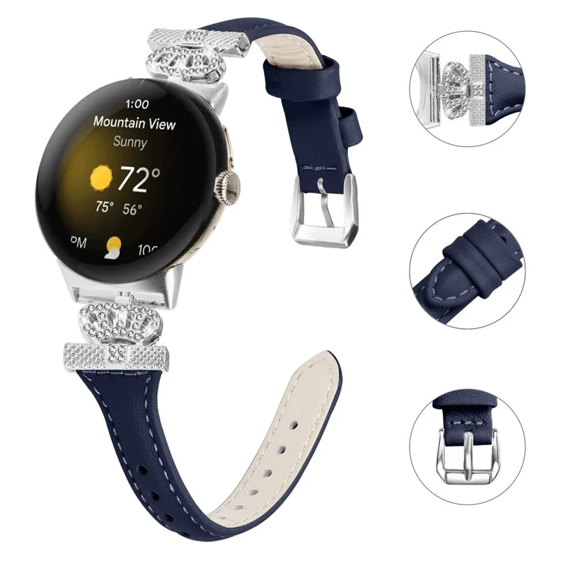 Google Pixel Watch / Watch 2 Silver Buckle Genuine Cowhide Leather Band Crown Watch Strap