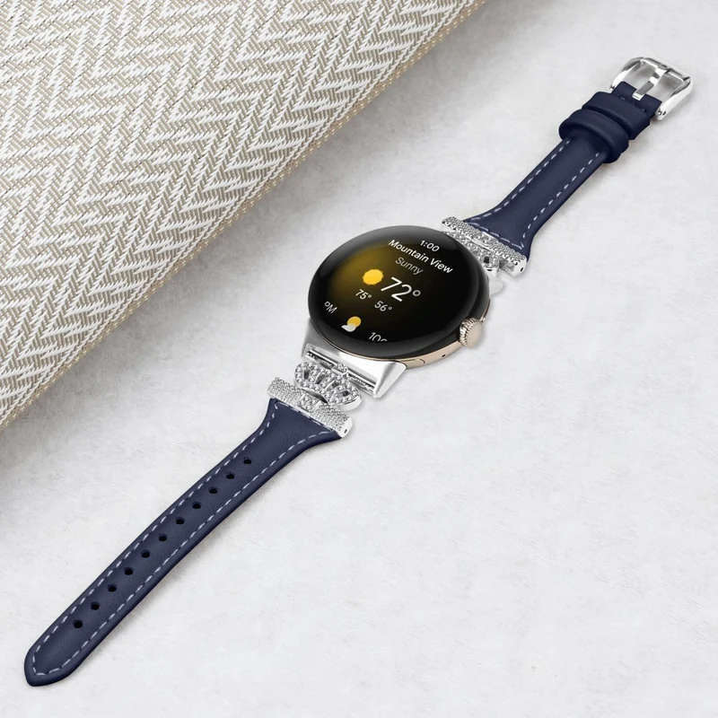Google Pixel Watch / Watch 2 Silver Buckle Genuine Cowhide Leather Band Crown Watch Strap