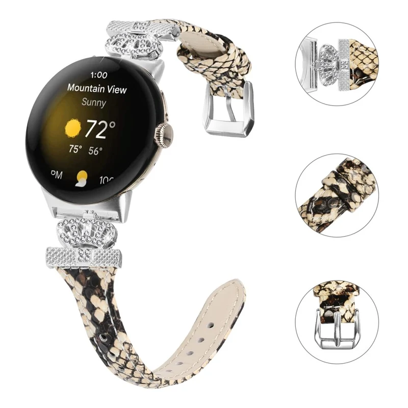 Google Pixel Watch / Watch 2 Silver Buckle Genuine Cowhide Leather Band Crown Watch Strap