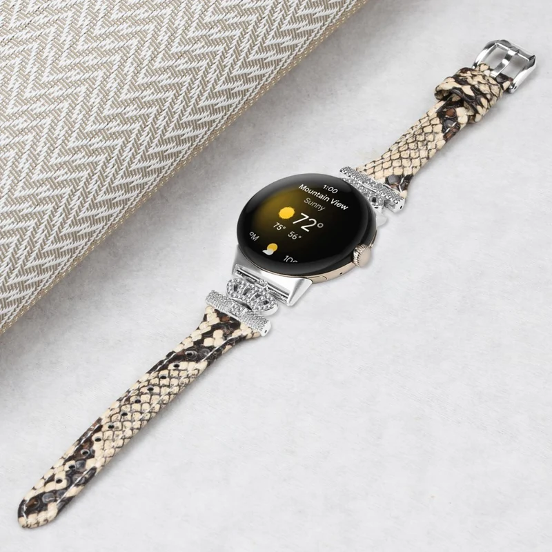 Google Pixel Watch / Watch 2 Silver Buckle Genuine Cowhide Leather Band Crown Watch Strap