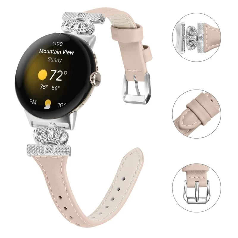 Google Pixel Watch / Watch 2 Silver Buckle Genuine Cowhide Leather Band Crown Watch Strap