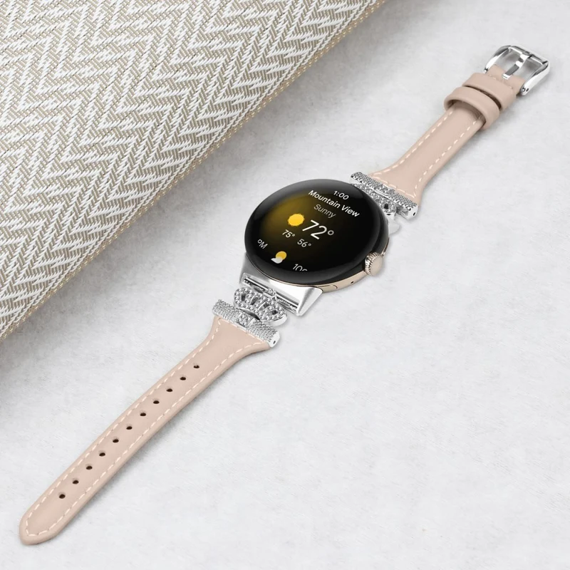 Google Pixel Watch / Watch 2 Silver Buckle Genuine Cowhide Leather Band Crown Watch Strap
