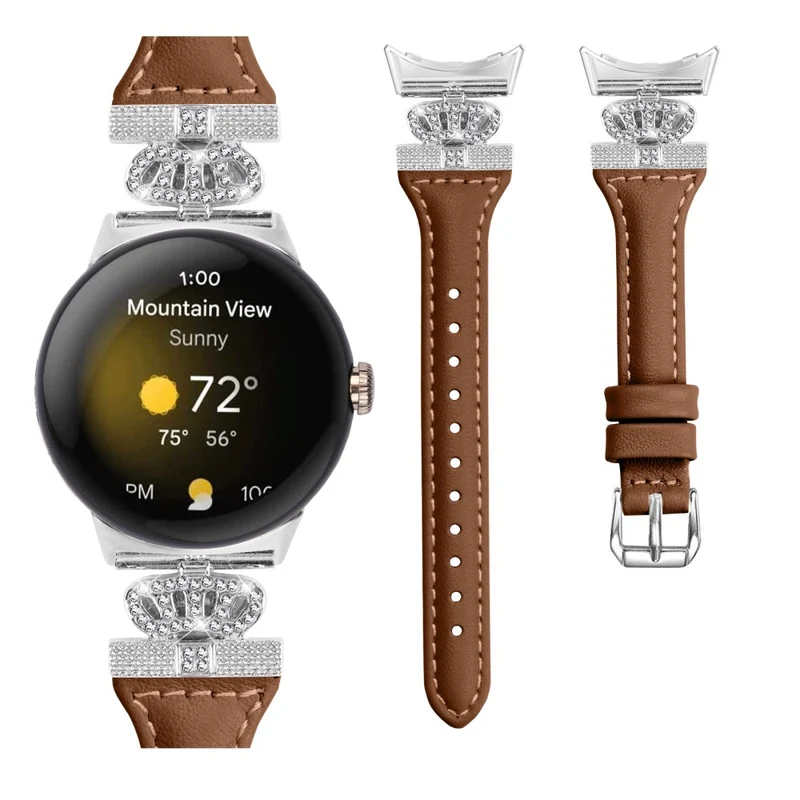 Google Pixel Watch / Watch 2 Silver Buckle Genuine Cowhide Leather Band Crown Watch Strap