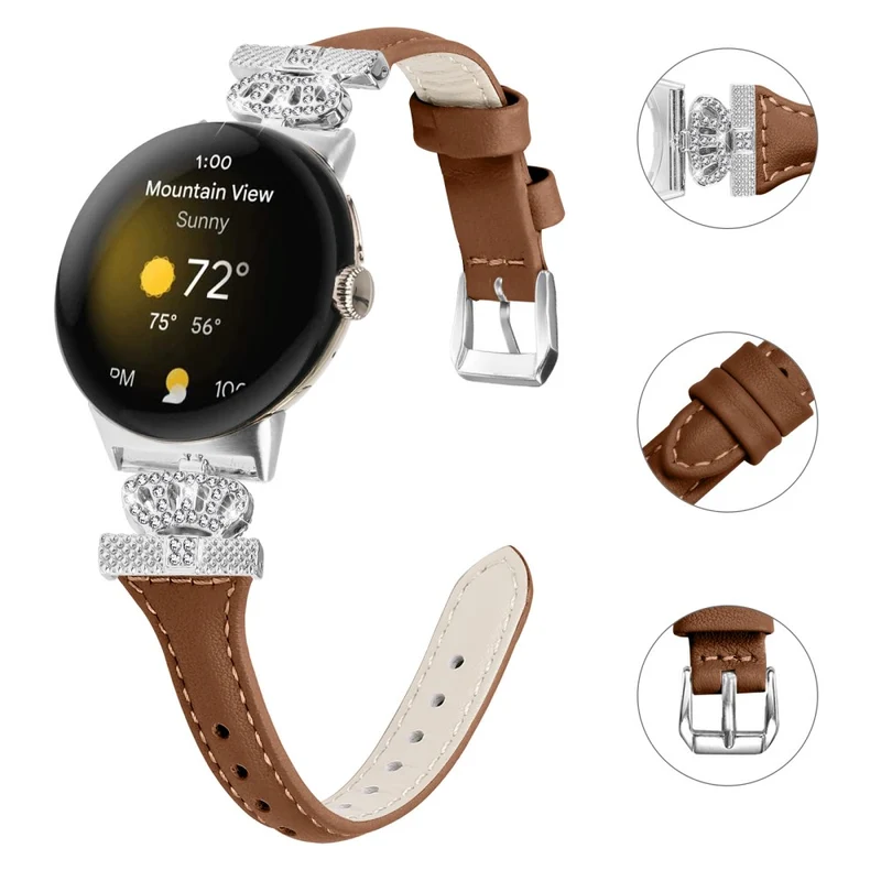 Google Pixel Watch / Watch 2 Silver Buckle Genuine Cowhide Leather Band Crown Watch Strap