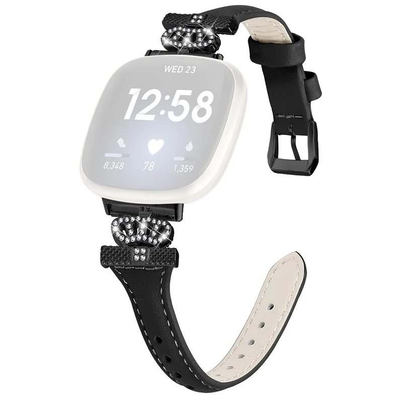Fitbit Versa 3 / 4 / Sense / Sense 2 Black Buckle Watchband Genuine Cowhide Leather Crown Strap