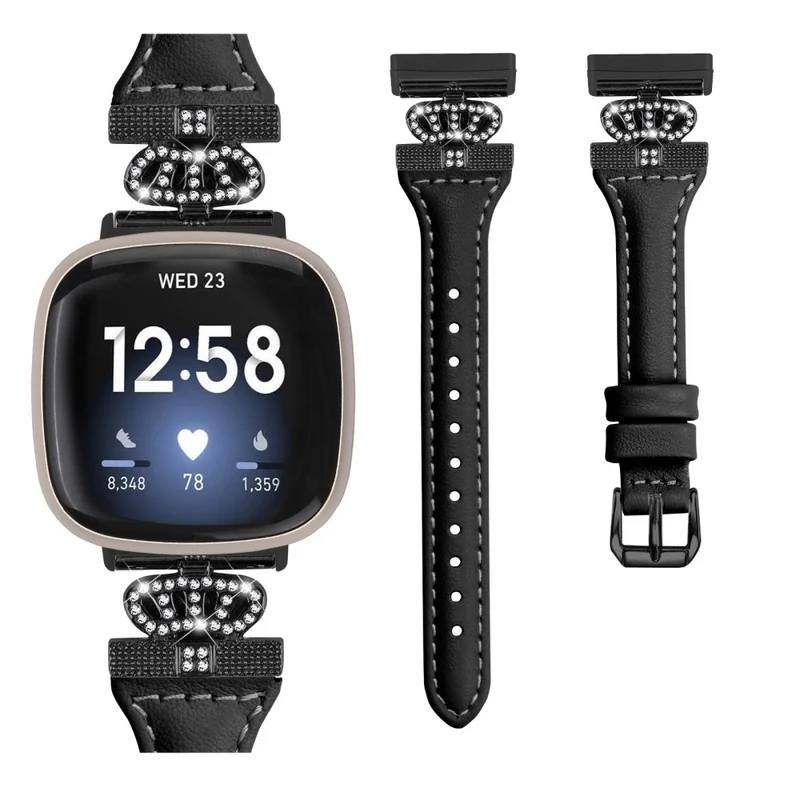 Fitbit Versa 3 / 4 / Sense / Sense 2 Black Buckle Watchband Genuine Cowhide Leather Crown Strap