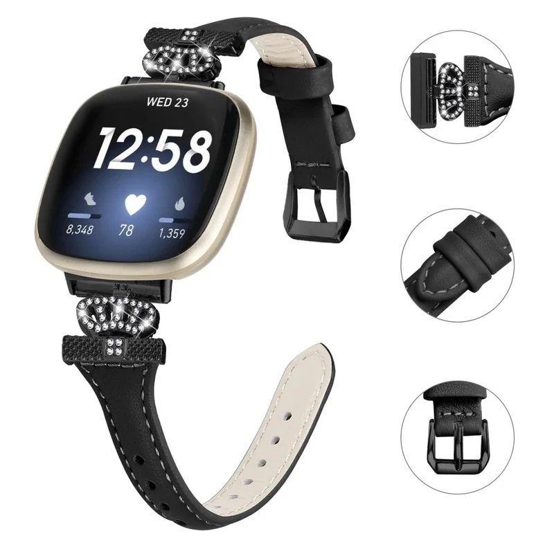 Fitbit Versa 3 / 4 / Sense / Sense 2 Black Buckle Watchband Genuine Cowhide Leather Crown Strap