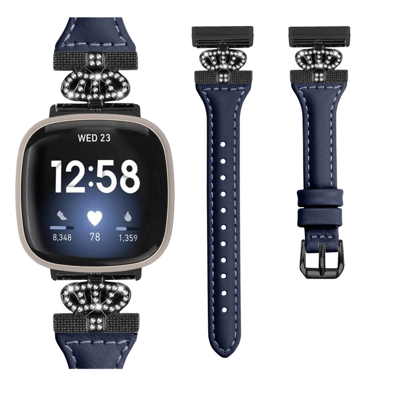 Fitbit Versa 3 / 4 / Sense / Sense 2 Black Buckle Watchband Genuine Cowhide Leather Crown Strap