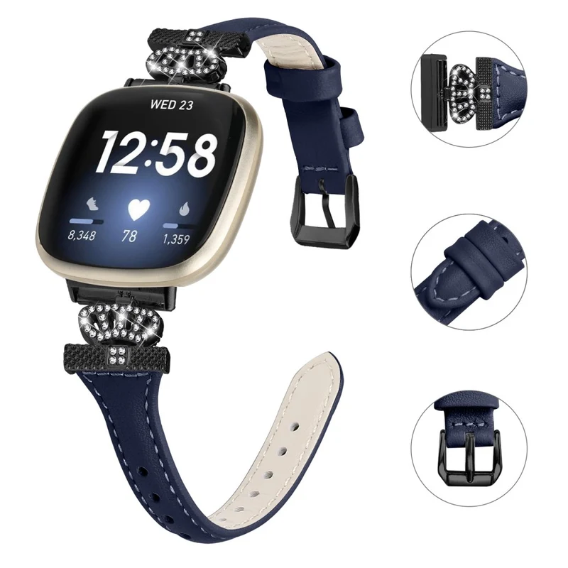 Fitbit Versa 3 / 4 / Sense / Sense 2 Black Buckle Watchband Genuine Cowhide Leather Crown Strap