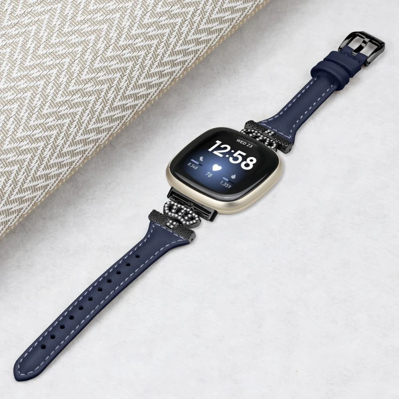 Fitbit Versa 3 / 4 / Sense / Sense 2 Black Buckle Watchband Genuine Cowhide Leather Crown Strap