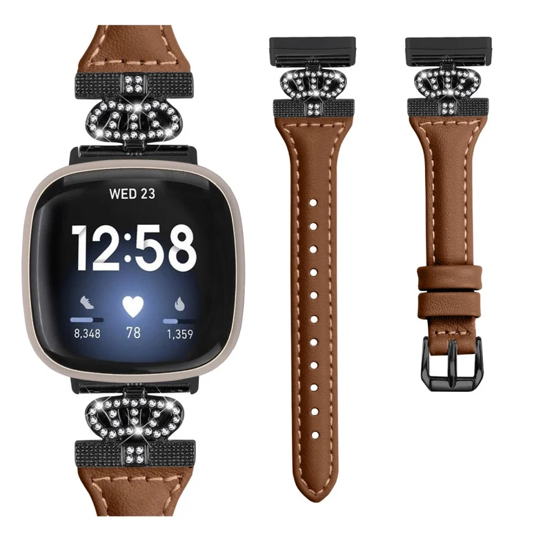 Fitbit Versa 3 / 4 / Sense / Sense 2 Black Buckle Watchband Genuine Cowhide Leather Crown Strap