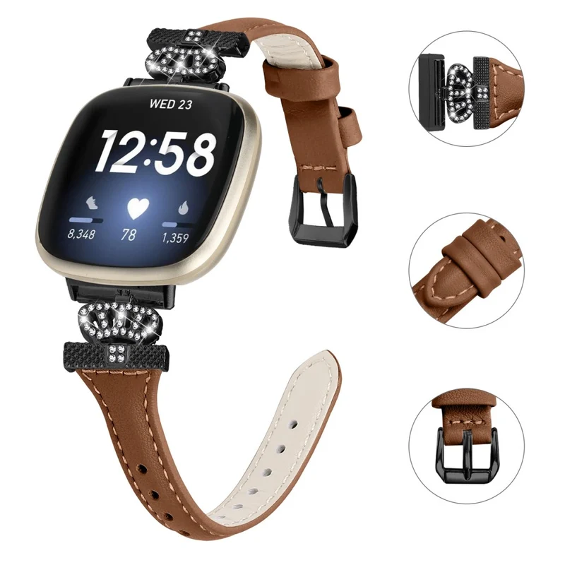 Fitbit Versa 3 / 4 / Sense / Sense 2 Black Buckle Watchband Genuine Cowhide Leather Crown Strap