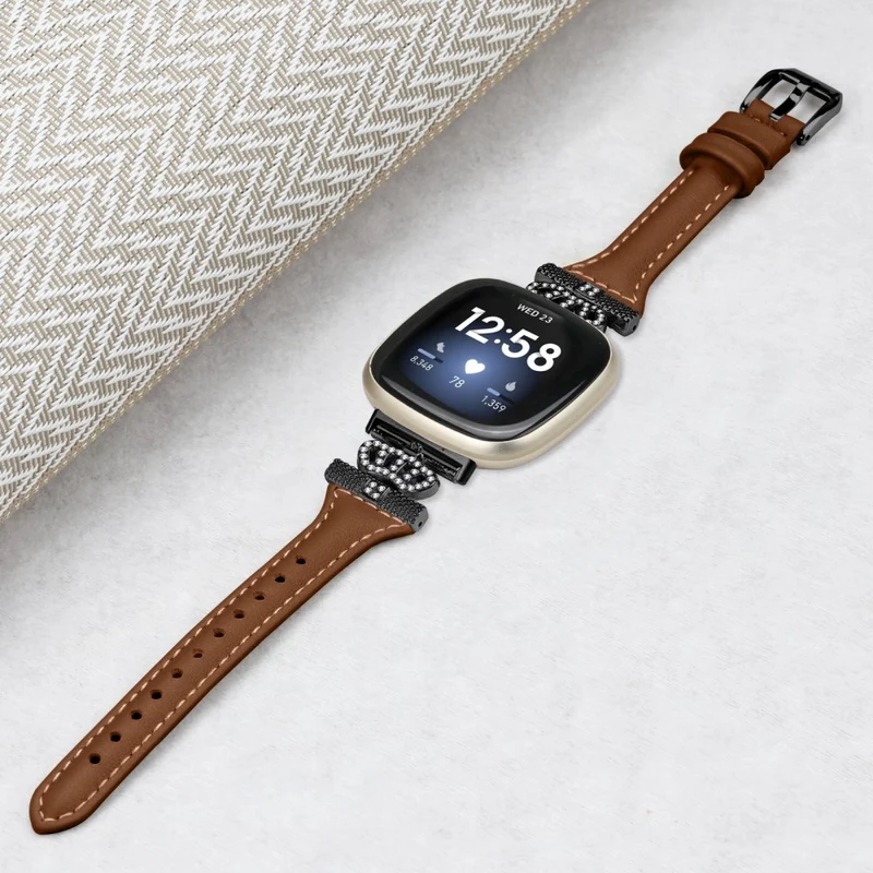 Fitbit Versa 3 / 4 / Sense / Sense 2 Black Buckle Watchband Genuine Cowhide Leather Crown Strap