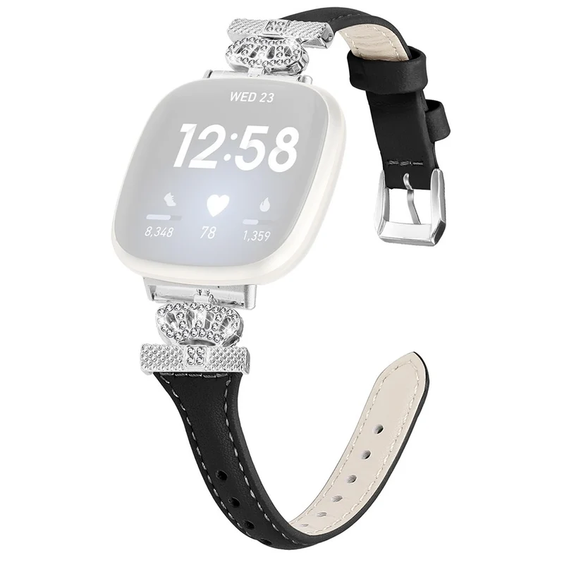 Fitbit Versa 3 / 4 / Sense / Sense 2 Silver Buckle Watch Band Crown Genuine Cowhide Leather Strap