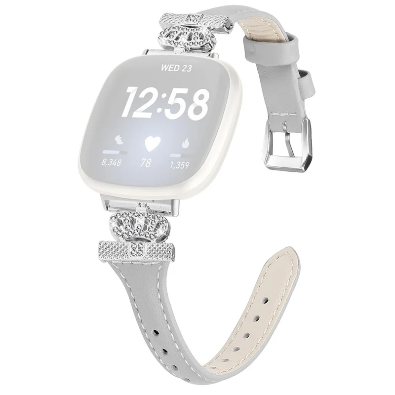 Fitbit Versa 3 / 4 / Sense / Sense 2 Silver Buckle Watch Band Crown Genuine Cowhide Leather Strap