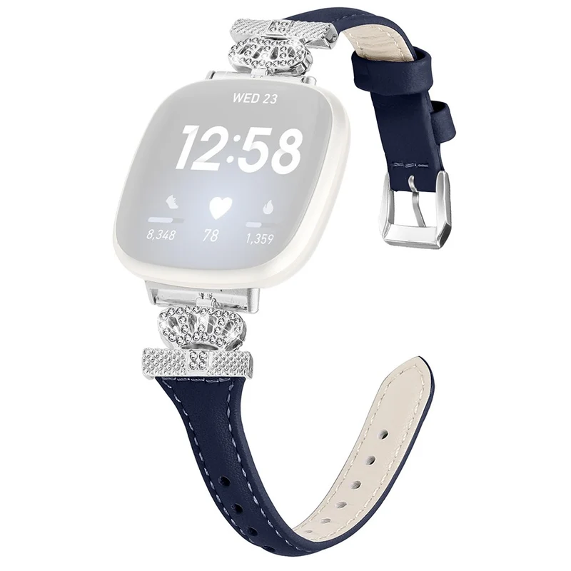 Fitbit Versa 3 / 4 / Sense / Sense 2 Silver Buckle Watch Band Crown Genuine Cowhide Leather Strap