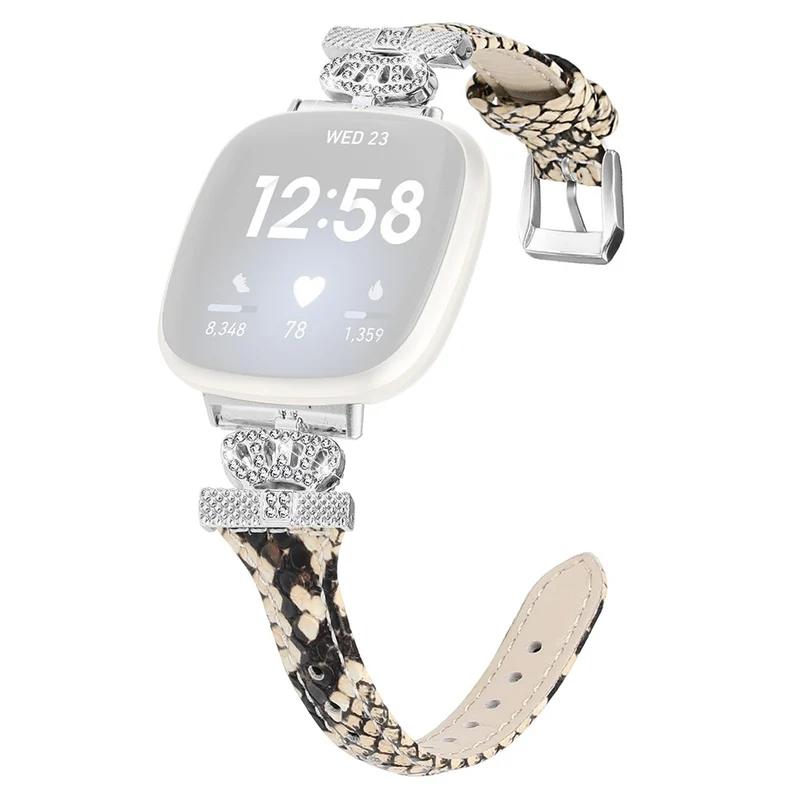 Fitbit Versa 3 / 4 / Sense / Sense 2 Silver Buckle Watch Band Crown Genuine Cowhide Leather Strap
