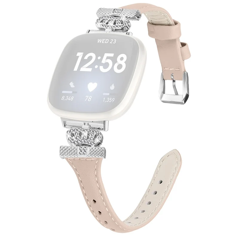 Fitbit Versa 3 / 4 / Sense / Sense 2 Silver Buckle Watch Band Crown Genuine Cowhide Leather Strap