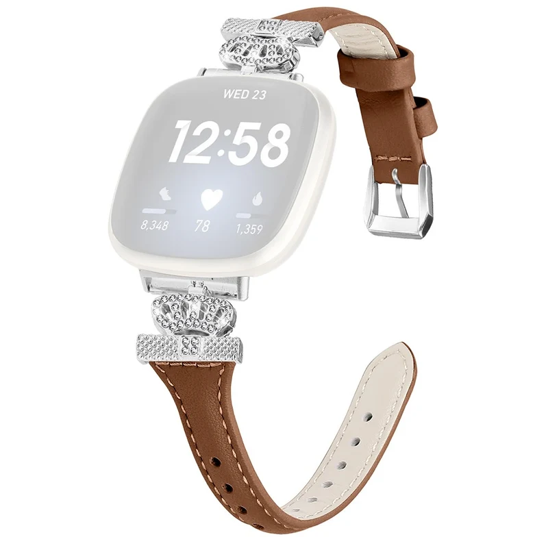 Fitbit Versa 3 / 4 / Sense / Sense 2 Silver Buckle Watch Band Crown Genuine Cowhide Leather Strap