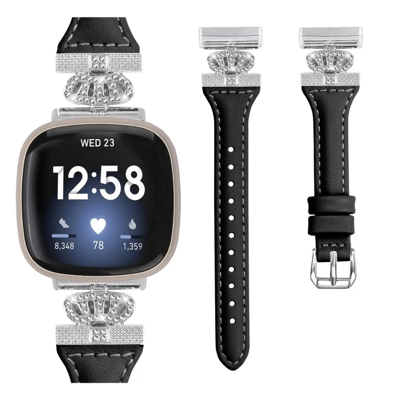 Fitbit Versa 3 / 4 / Sense / Sense 2 Silver Buckle Watch Band Crown Genuine Cowhide Leather Strap