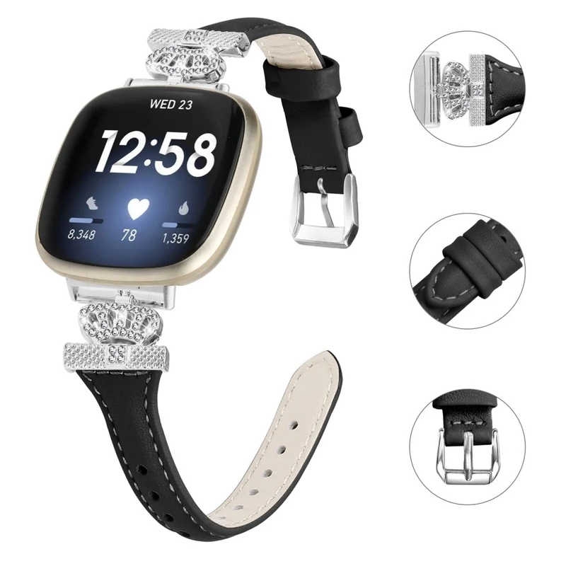 Fitbit Versa 3 / 4 / Sense / Sense 2 Silver Buckle Watch Band Crown Genuine Cowhide Leather Strap