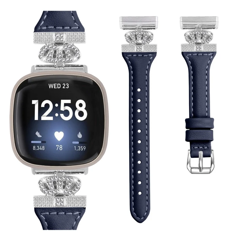 Fitbit Versa 3 / 4 / Sense / Sense 2 Silver Buckle Watch Band Crown Genuine Cowhide Leather Strap