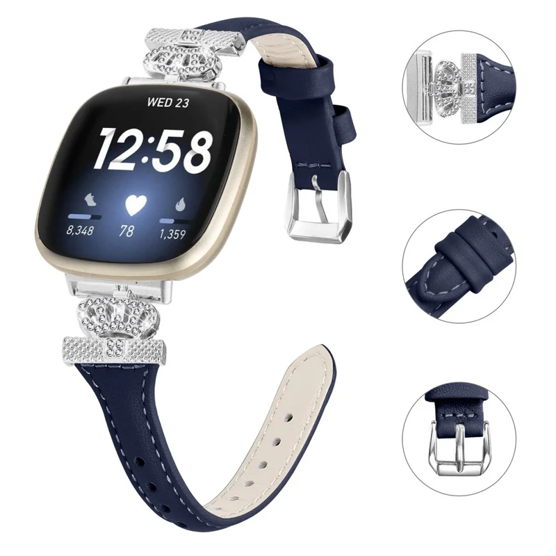 Fitbit Versa 3 / 4 / Sense / Sense 2 Silver Buckle Watch Band Crown Genuine Cowhide Leather Strap