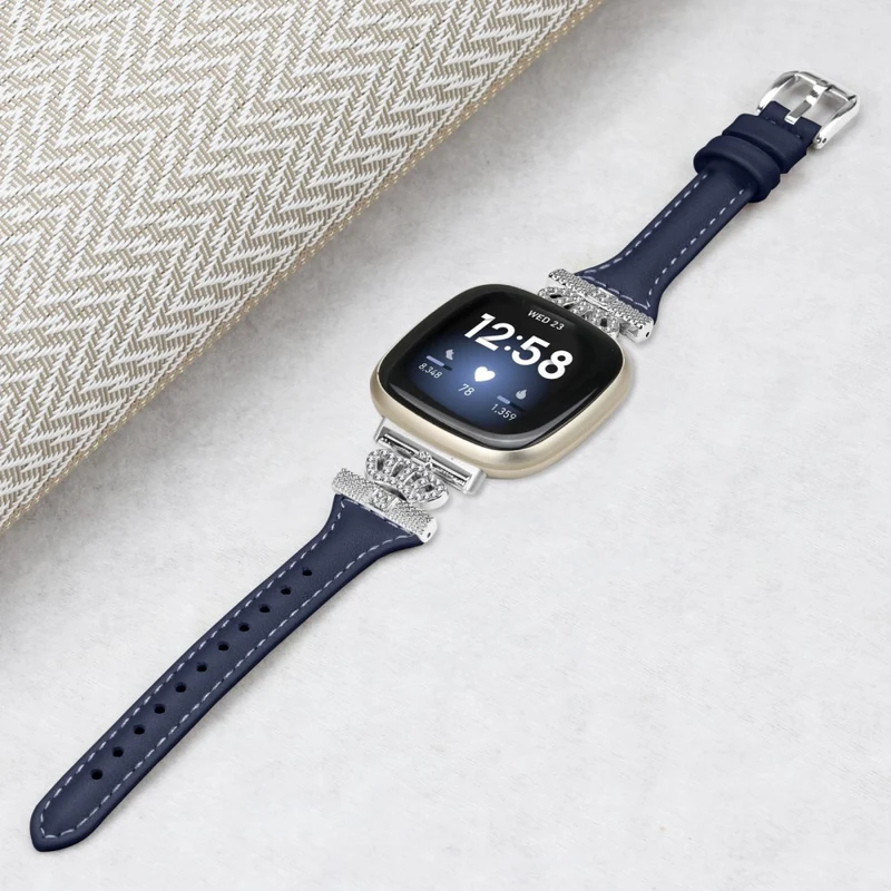 Fitbit Versa 3 / 4 / Sense / Sense 2 Silver Buckle Watch Band Crown Genuine Cowhide Leather Strap