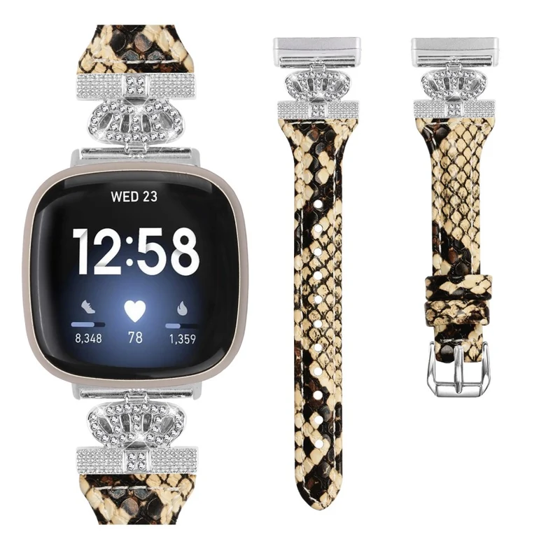 Fitbit Versa 3 / 4 / Sense / Sense 2 Silver Buckle Watch Band Crown Genuine Cowhide Leather Strap