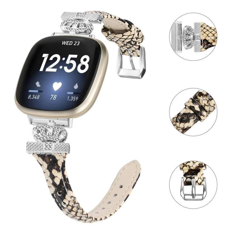 Fitbit Versa 3 / 4 / Sense / Sense 2 Silver Buckle Watch Band Crown Genuine Cowhide Leather Strap
