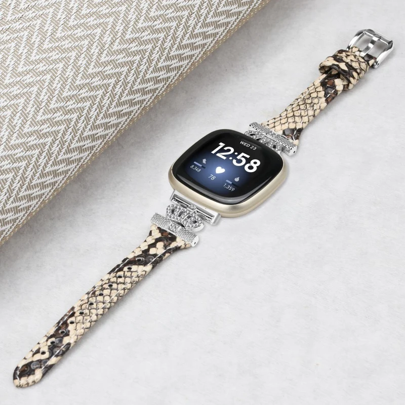 Fitbit Versa 3 / 4 / Sense / Sense 2 Silver Buckle Watch Band Crown Genuine Cowhide Leather Strap