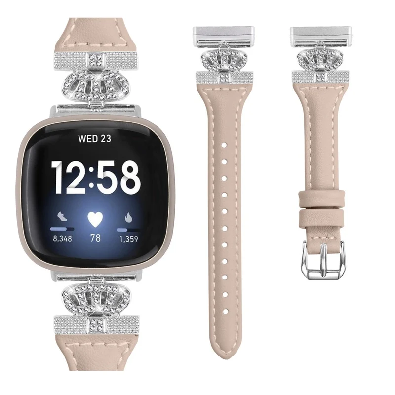 Fitbit Versa 3 / 4 / Sense / Sense 2 Silver Buckle Watch Band Crown Genuine Cowhide Leather Strap