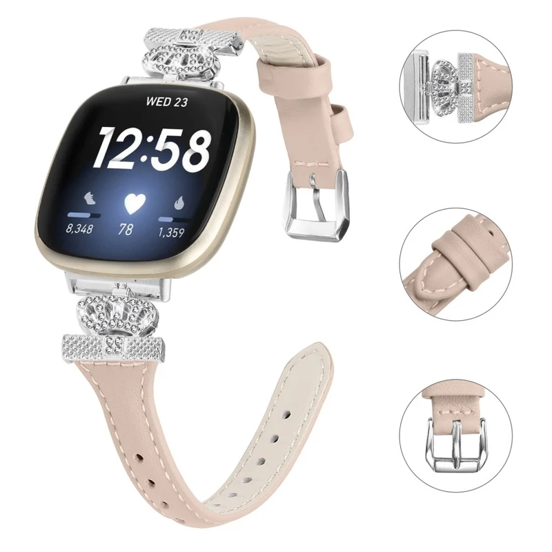 Fitbit Versa 3 / 4 / Sense / Sense 2 Silver Buckle Watch Band Crown Genuine Cowhide Leather Strap