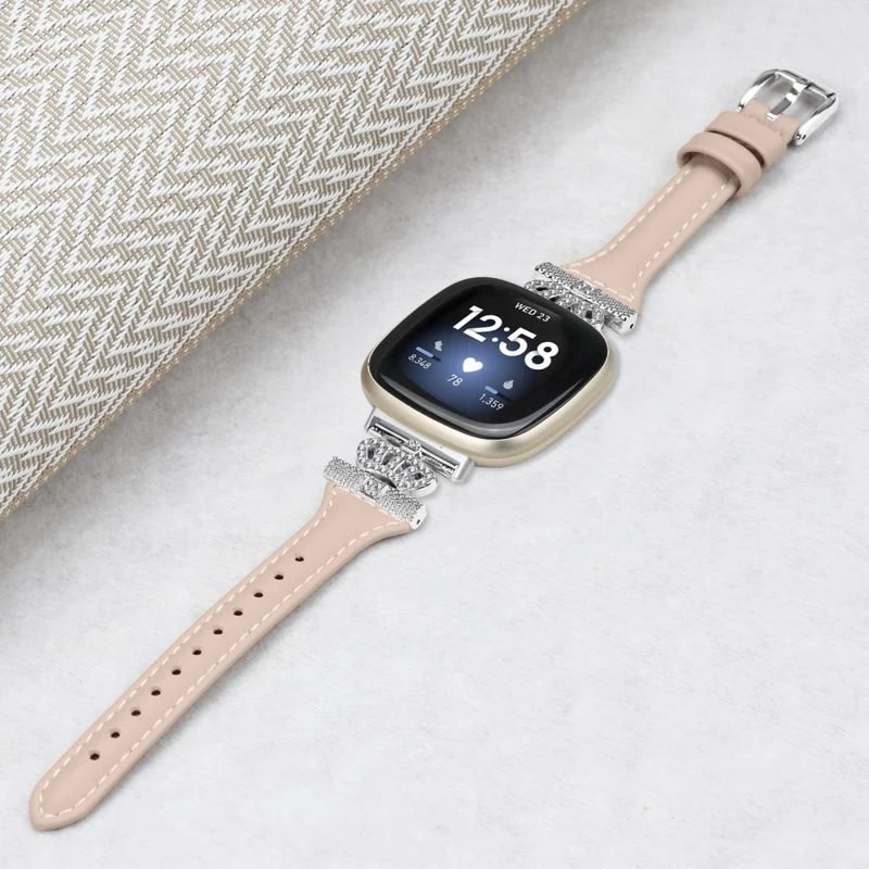 Fitbit Versa 3 / 4 / Sense / Sense 2 Silver Buckle Watch Band Crown Genuine Cowhide Leather Strap
