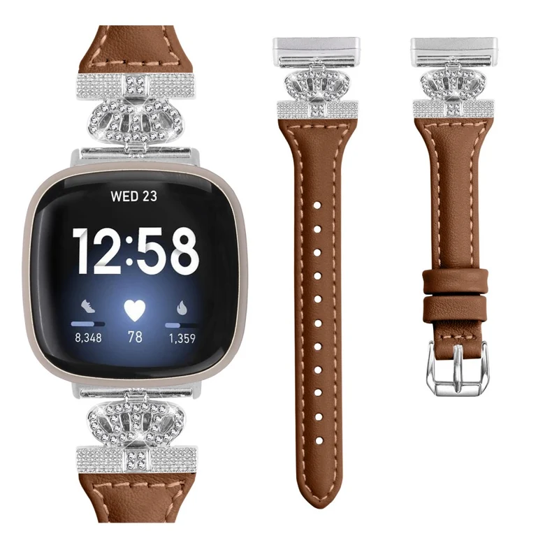 Fitbit Versa 3 / 4 / Sense / Sense 2 Silver Buckle Watch Band Crown Genuine Cowhide Leather Strap