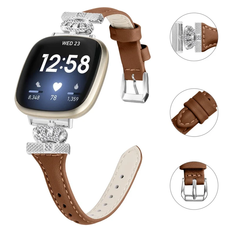 Fitbit Versa 3 / 4 / Sense / Sense 2 Silver Buckle Watch Band Crown Genuine Cowhide Leather Strap