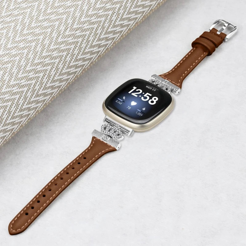 Fitbit Versa 3 / 4 / Sense / Sense 2 Silver Buckle Watch Band Crown Genuine Cowhide Leather Strap
