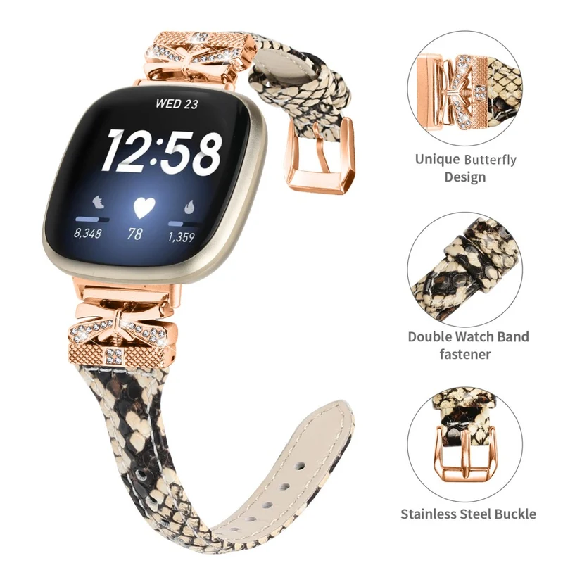 Rose Gold Buckle Band Fitbit Versa 3 / 4 / Sense / Sense 2 Genuine Cowhide Leather Watch Strap - Snake Texture