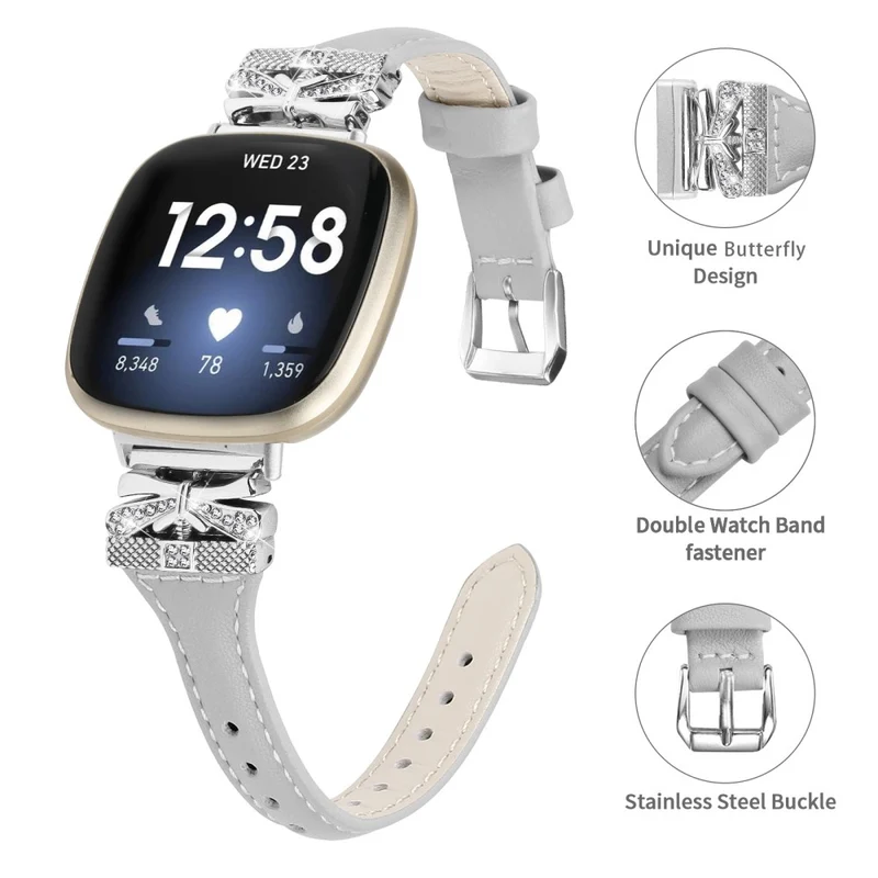 Silver Buckle Watch Strap Fitbit Versa 3 / 4 / Sense / Sense 2 Butterfly Connector Adjustable Band