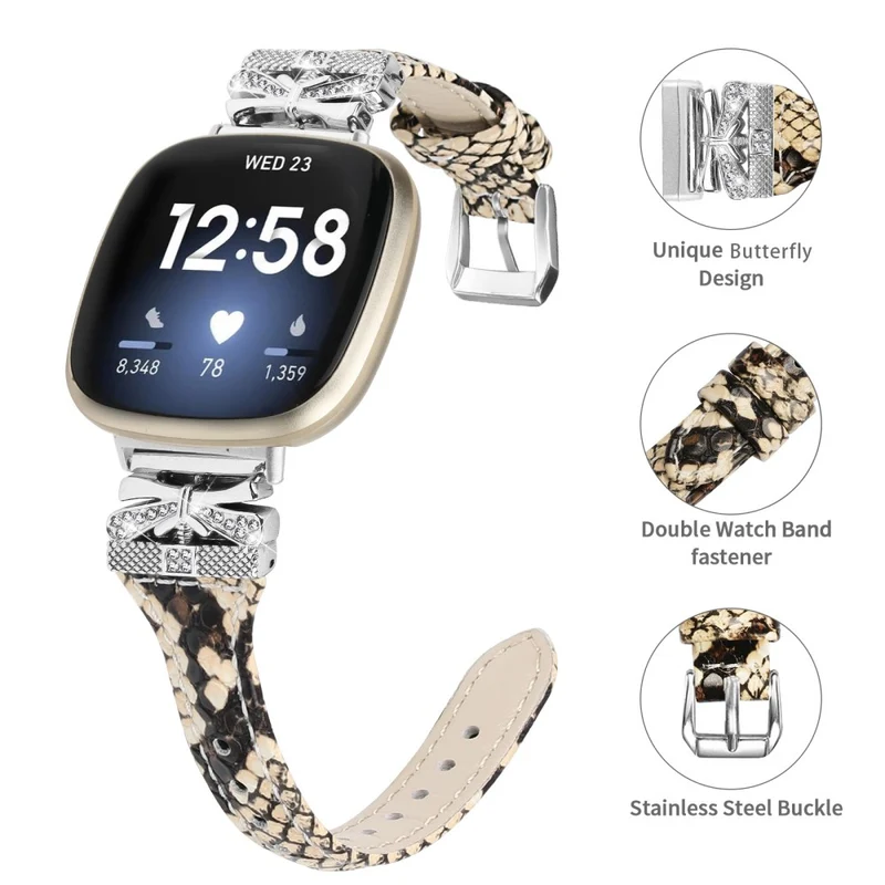 Silver Buckle Watch Strap Fitbit Versa 3 / 4 / Sense / Sense 2 Butterfly Connector Adjustable Band
