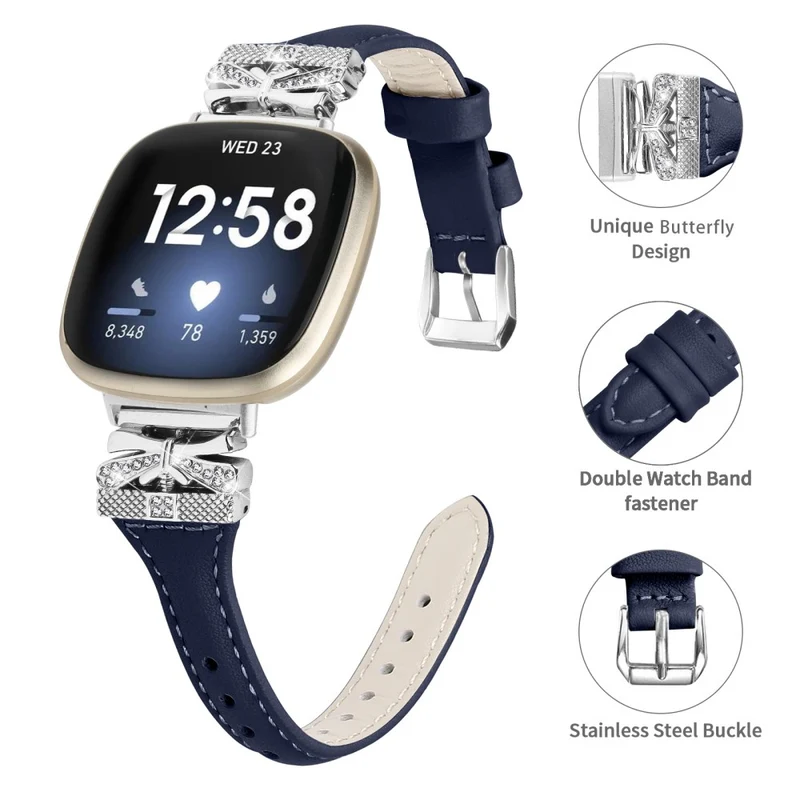 Silver Buckle Watch Strap Fitbit Versa 3 / 4 / Sense / Sense 2 Butterfly Connector Adjustable Band