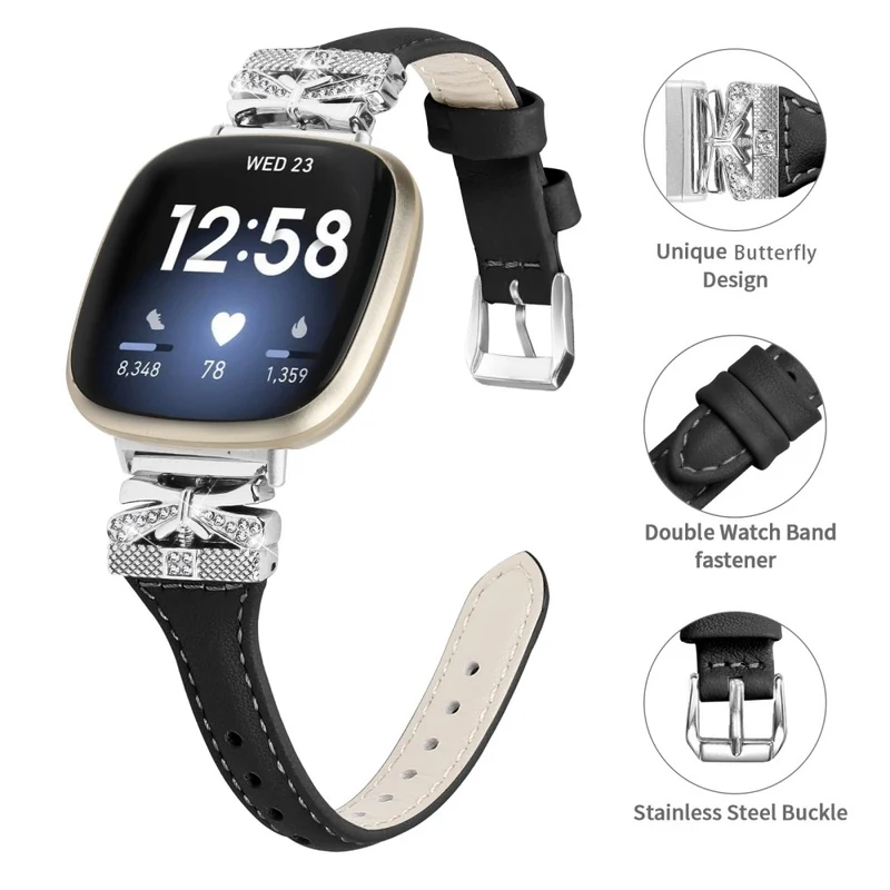 Silver Buckle Watch Strap Fitbit Versa 3 / 4 / Sense / Sense 2 Butterfly Connector Adjustable Band