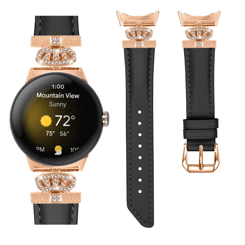 Rose Gold Buckle Watch Band Google Pixel Watch / Pixel Watch 2 Crown Rhinestone Genuine Cowhide Leather Strap