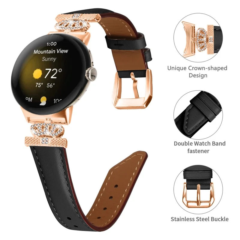 Rose Gold Buckle Watch Band Google Pixel Watch / Pixel Watch 2 Crown Rhinestone Genuine Cowhide Leather Strap